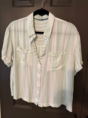 Light Green and White Striped Button-Up Blouse